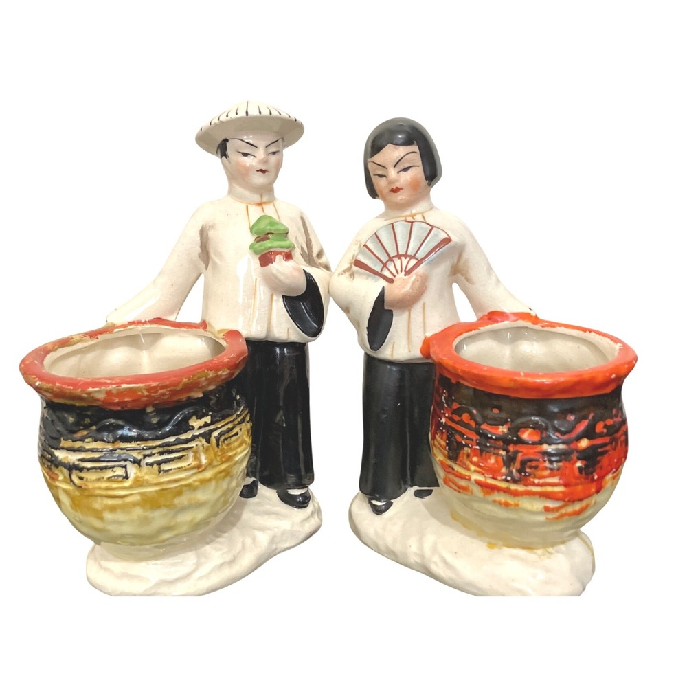 Vintage Ceramic Oriental Couple Pair Planters - Cream, Black & Red